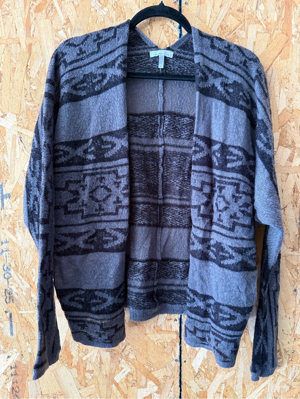 O'Neill Gray and Black Aztec Patterned Open-Front Sweater Cardigan